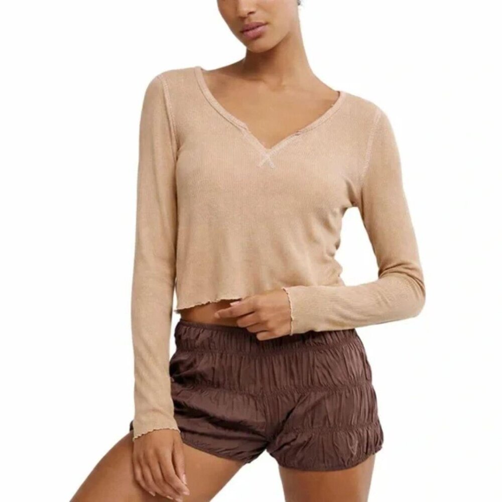 American Eagle NWT waffle knit thermal cropped long sleeve contrast stitching‎